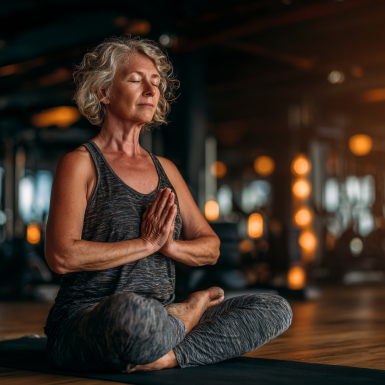 Літня жінка виконує йогу на природі