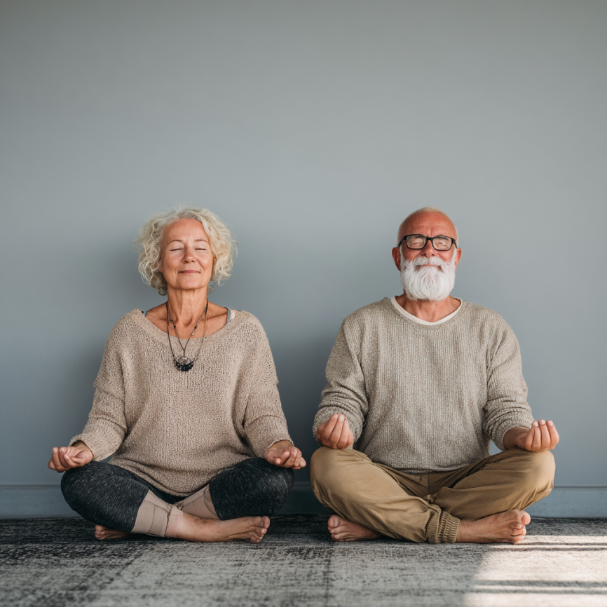 Група літніх людей займається йогою в залі